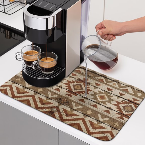Tribal Geometric Dish Drying Mats for Kitchen Counter, Zigzag Pattern Tribal Rustic Brown Wood Grain Absorbent Coffee Bar Mat with Non-slip Rubber Backed Quick Drying Dish Rack Pad 12"x16"