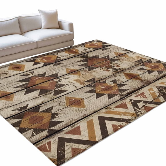 Tribal Geometric Large Area Rugs 6x9ft Diamond Shapes Tribal Rustic Brown Wood Grain Washable Rug, Non Slip Indoor Carpet Absorbent Floor Mat for Living Room Bedroom Dining Room