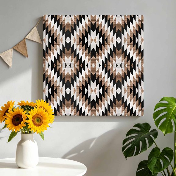 Tribal Geometric Pattern Canvas Wall Art, Brown White Abstract Framed Canvas Wall Decor Picture Print Artwork Decorations for Living Room Office Ready to Hang 16" x 16"