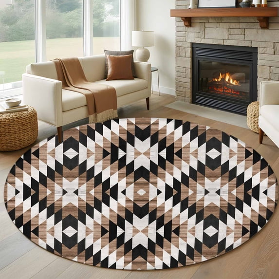 Tribal Geometric Pattern Round Living Room Rugs 5 ft, Brown White Abstract Washable Area Rug with Non-Slip Sturdy Edge Binding Round Carpet for Entryway Kitchen Bedroom Bathroom