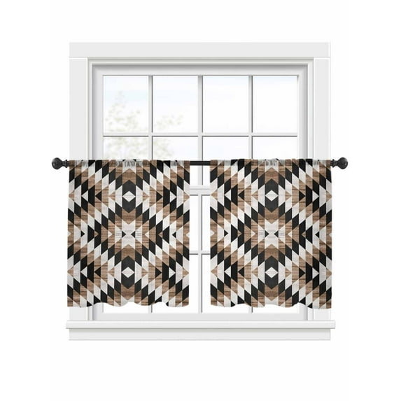 Tribal Geometric Pattern Sheer Curtains 54 Inch Long 2 Panels, Brown White Abstract Light Filtering Rod Pocket Semi Sheer Curtains, Sheer Voile Drapes for Living Room Bedroom, 52"x54"