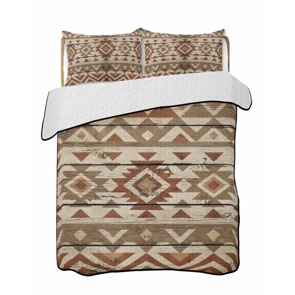 Tribal Geometric Quilts Bedding Set Twin Size Zigzag Pattern Tribal Rustic Brown Wood Grain Lightweight Quilted Bedspread 3 Piece Bed Quilt with 2 Pillow Shams All Season for Bedroom 68" x 86"