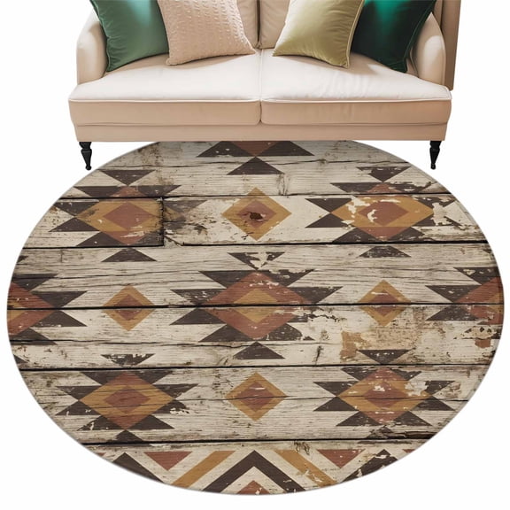 Tribal Geometric Round Living Room Rugs 6 ft, Diamond Shapes Tribal Rustic Brown Wood Grain Washable Area Rug with Non-Slip Sturdy Edge Binding Round Carpet for Kitchen Office Bedroom