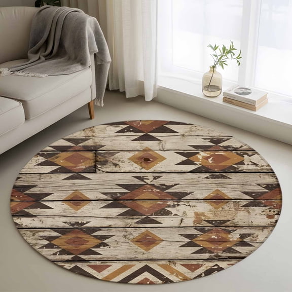 Tribal Geometric Round Rug 4Ft Diamond Shapes Tribal Rustic Brown Wood Grain Circle Area Rugs Washable Non Slip Indoor Floor Mats Carpet for Living Room Bedroom Dining Room Home Decor