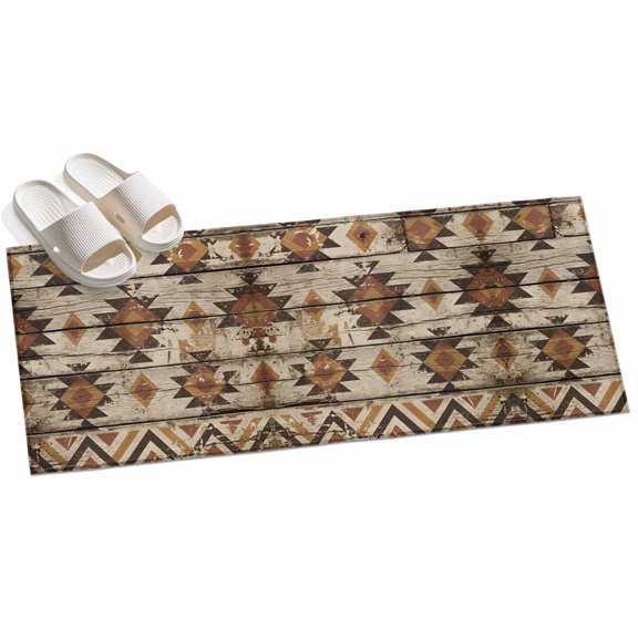 Tribal Geometric Runner Rugs 2x6ft Diamond Shapes Tribal Rustic Brown Wood Grain Washable Rug, Non Slip Indoor Carpet Absorbent Floor Mat for Living Room Bedroom Dining Room
