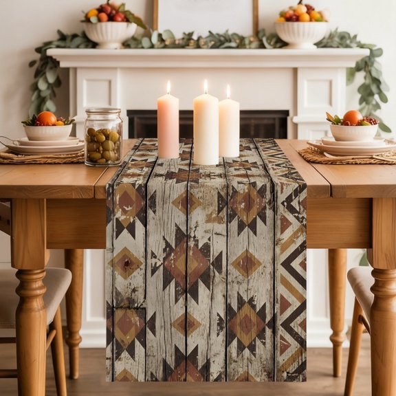 Tribal Geometric Table Runner, Diamond Shapes Tribal Rustic Brown Wood Grain Washable Cotton-linen Table Runners Dining Kitchen Decoration for Everyday Home Wedding Party Decor, 13 x 36 Inch
