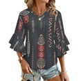 thumbnail image 1 of Tribal Geometric Textile Design Women's V-Neck Blouse With 3/4 Ruffled Bell Sleeves Casual Top Ladies Blouses, 1 of 7