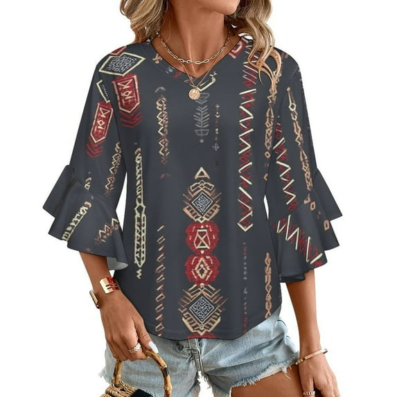 Tribal Geometric Textile Design Women's V-Neck Blouse With 3/4 Ruffled Bell Sleeves Casual Top Ladies Blouses