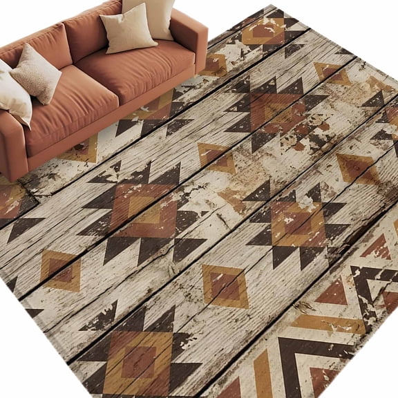 Tribal Geometric Washable Living Room Rugs 9'x12', Diamond Shapes Tribal Rustic Brown Wood Grain Low Pile Throw Large Area Rug Non-Slip Sturdy Edge Binding Carpet for Bedroom Dining Room Office