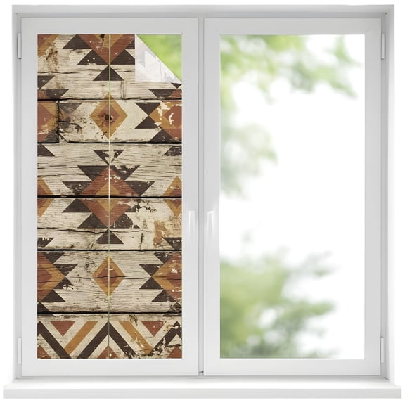 Tribal Geometric Window Privacy Film, Diamond Shapes Tribal Rustic Brown Wood Grain Frosted Glass Window Clings Static Cling UV Heat Blocking Reusable Door Sticker for Bathroom 17.7 x 39.3 Inch