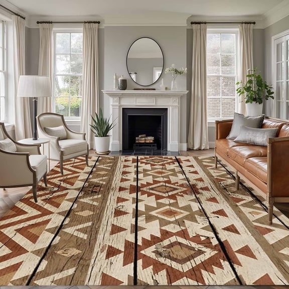 Tribal Geometric Zigzag Pattern Tribal Rustic Brown Wood Grain , Soft Non Slip Rugs Stain Repellent Indoor Felt Carpet for Living Dining Room Bedroom Home Office