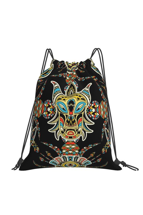 Tribal Head Geometric Ethnic Large Drawstring Backpack Casual Cinch Sack Bag Backpack for Sports Hiking Travel Gym