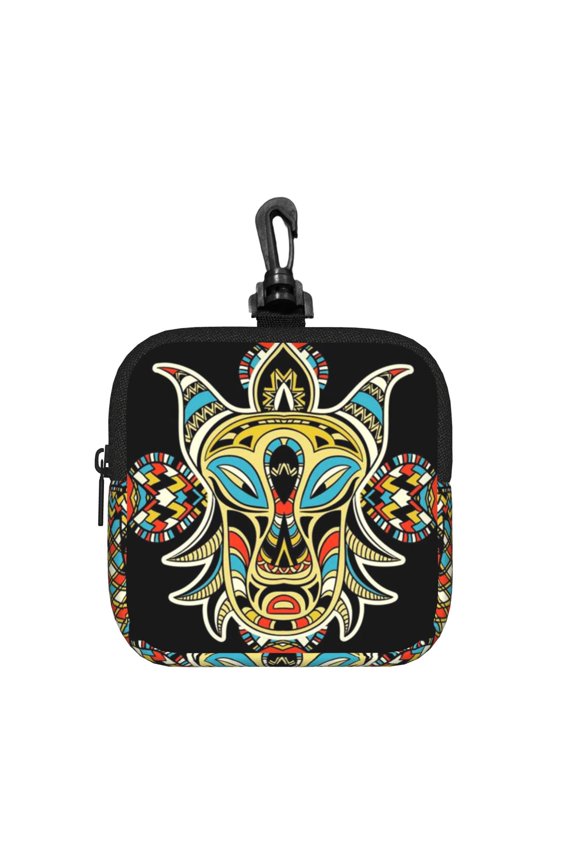 Tribal Head Geometric Ethnic Square Gear Pouch with Lobster Clasp Waterproof Tech Accessory Organizer, Key & Coin Case