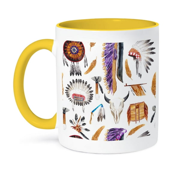 Tribal Headdress, Cow Skulls And Tools Pattern, 15oz Two-Tone Yellow Mug