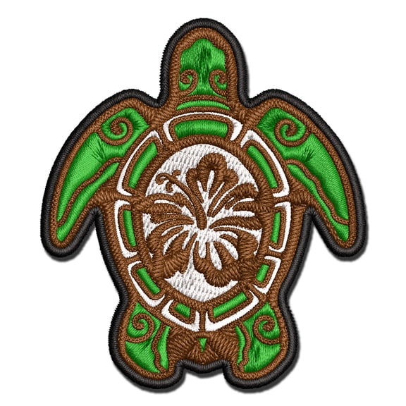 Tribal Hibiscus Sea Turtle Applique Multi-Color Embroidered Iron-On Patch - 2.0 Inch Mini