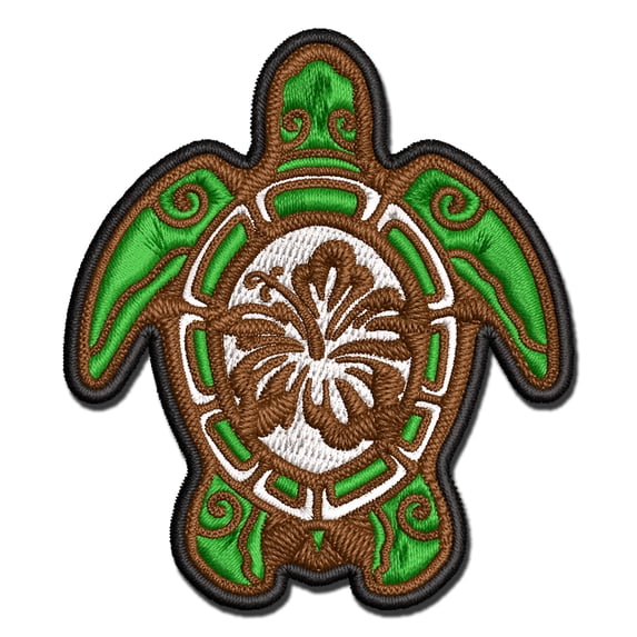 Tribal Hibiscus Sea Turtle Applique Multi-Color Embroidered Iron-On Patch - 2.5 Inch Small