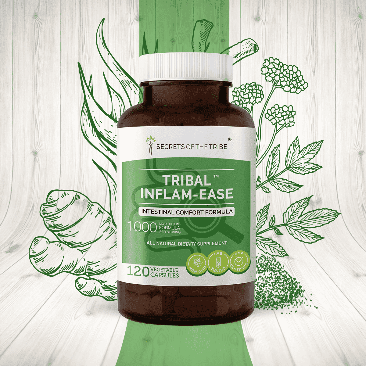 Secrets of the Tribe Tribal Inflam-ease Capsules Dietary Supplement, Natural Herb Blend, Made from Turmeric, Licorice, Meadowsweet, Ginger, Spirulina 120 Count