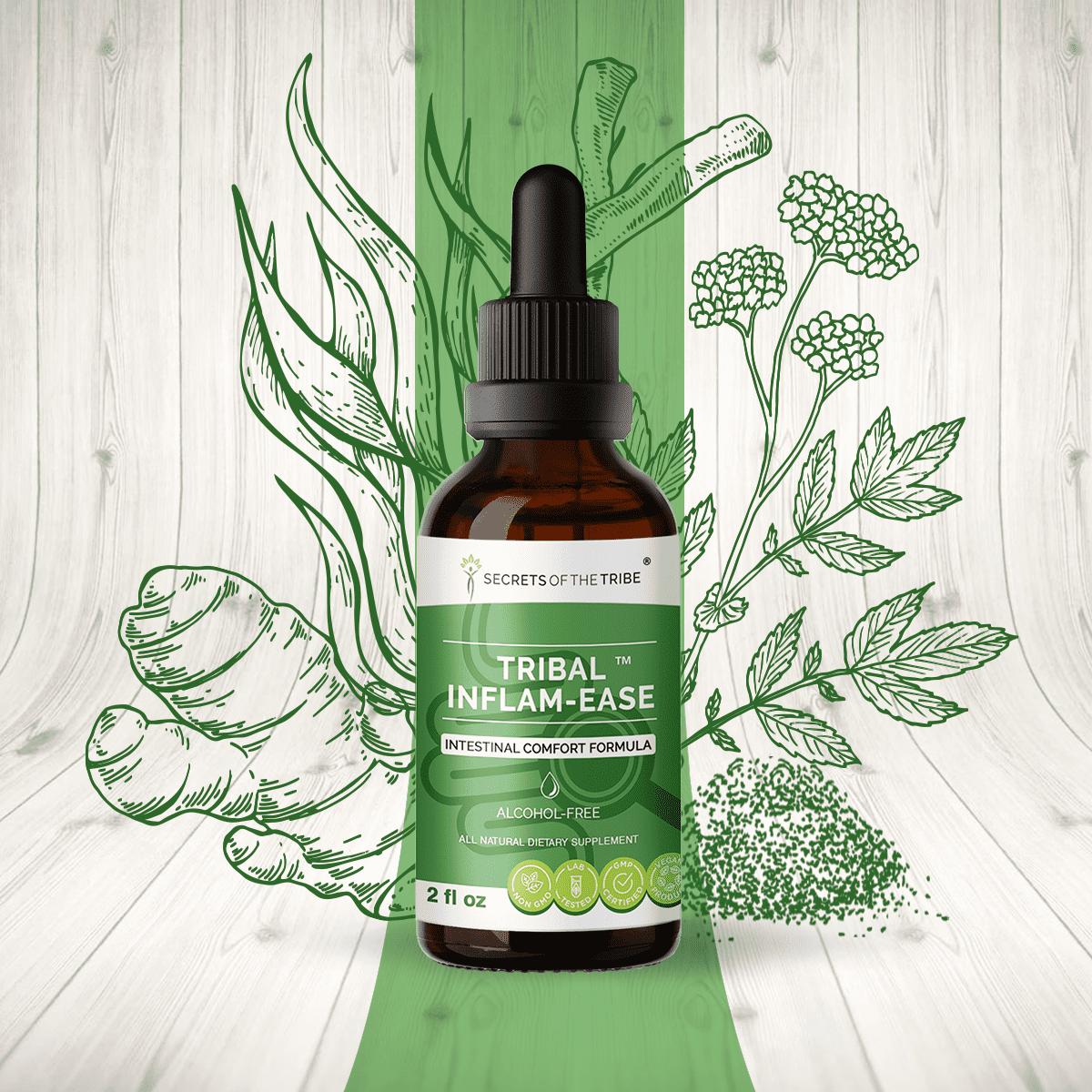 Secrets Of The Tribe Tribal Inflam-Ease Blend Tincture Dietary Supplement, Natural Extract, Made from Turmeric, Licorice, Meadowsweet, Ginger, Spirulina 2 oz