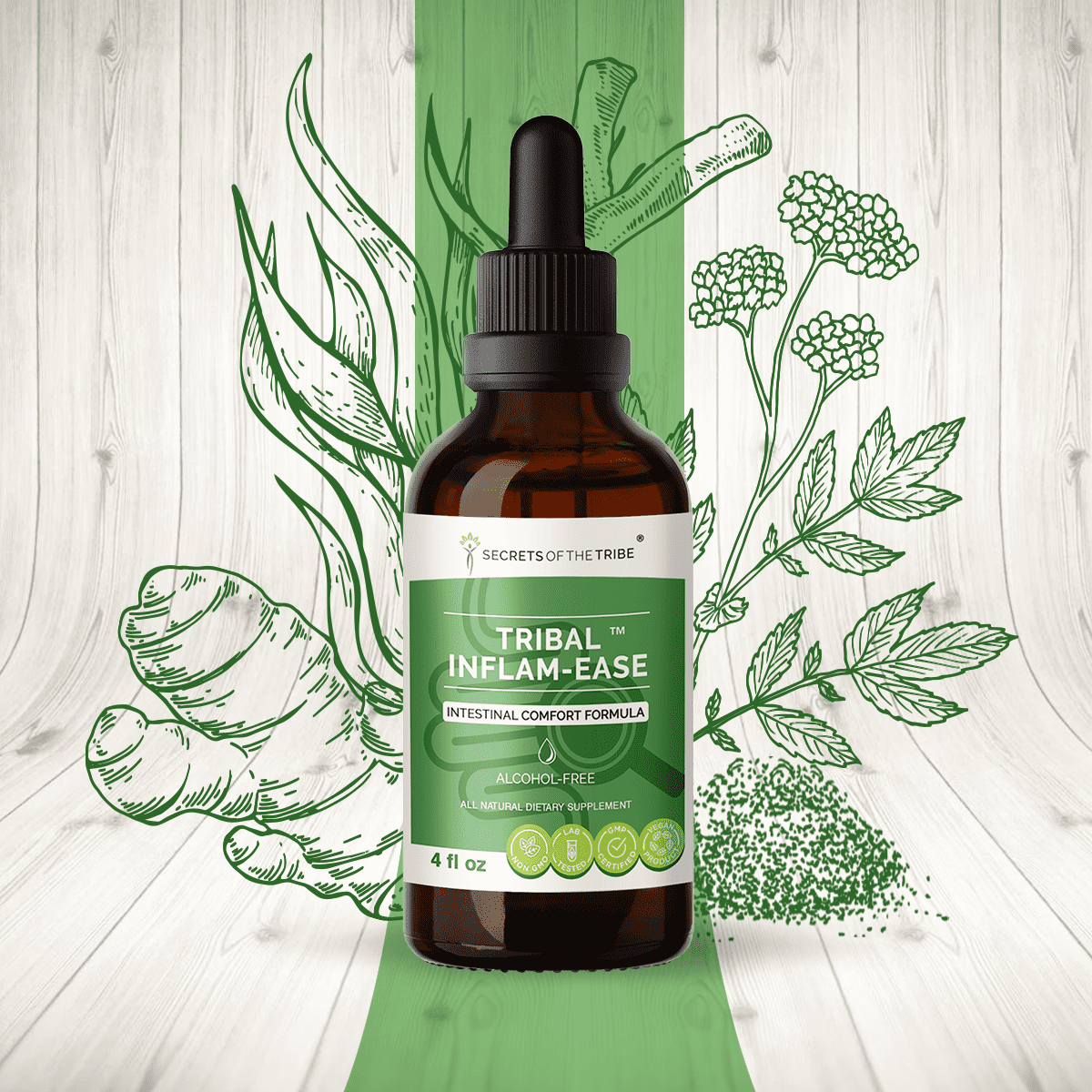 Secrets Of The Tribe Tribal Inflam-Ease Blend Tincture Dietary Supplement, Natural Extract, Made from Turmeric, Licorice, Meadowsweet, Ginger, Spirulina 4 oz