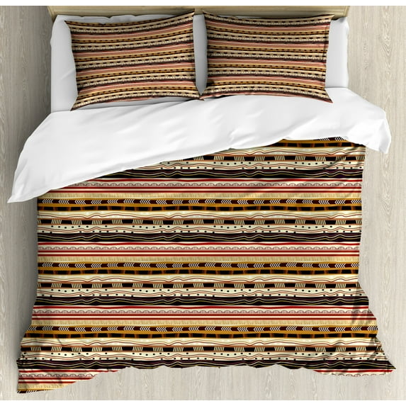Tribal King Size Duvet Cover Set, Arrows Triangles Dots and Curved Lines Motifs of African Continent Oriental Design, Decorative 3 Piece Bedding Set with 2 Pillow Shams, Multicolor, by Ambesonne