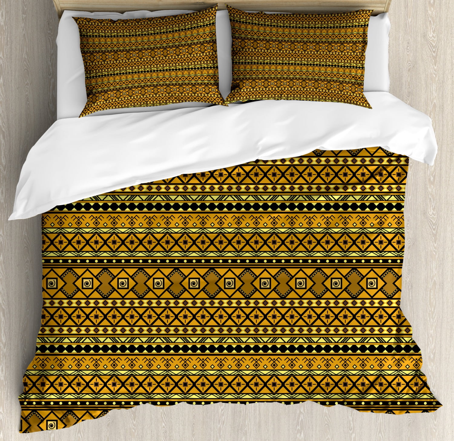 Tribal King Size Duvet Cover Set, Geometric Pattern with African Ethnic Origins Exotic Folk Influences, Decorative 3 Piece Bedding Set with 2 Pillow Shams, Amber Yellow and Black, by Ambesonne