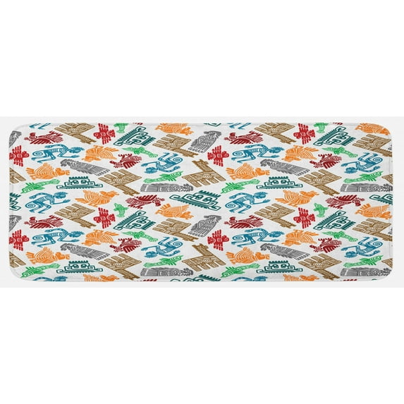Tribal Kitchen Mat, Mayan and Aztec Prehistoric with Shaman and Lamas Boho Design, Plush Decorative Kitchen Mat with Non Slip Backing, 47" X 19", Multicolor, by Ambesonne