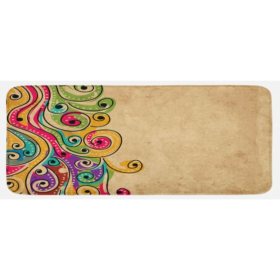 Tribal Kitchen Mat, Traditional Folk Art Pattern with Hand Drawn Spiral Colorful Forms Image, Plush Decorative Kitchen Mat with Non Slip Backing, 47" X 19", Multicolor, by Ambesonne