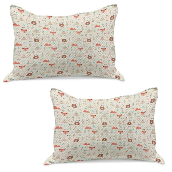 Tribal Knitted Quilt Pillowcover Set of 2, Prehistoric Fox Arrows Bear Lodge Houses Feather Graphic, Standard Queen Pillow Sham Bedroom, 30" x 20", Salmon Amber White, by Ambesonne