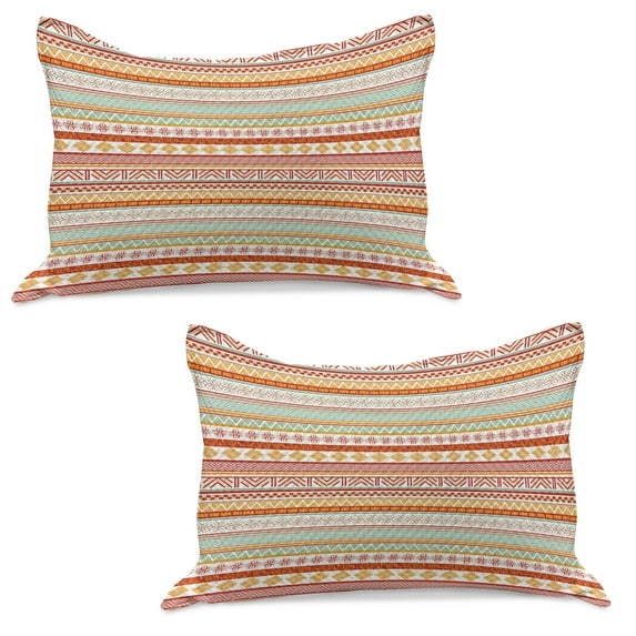 Tribal Knitted Quilt Pillowcover Set of 2, Striped Vintage Pattern with Geometric Floral Shapes Print, Standard Queen Pillow Sham Bedroom, 30" x 20", Marigold Red and Tan, by Ambesonne