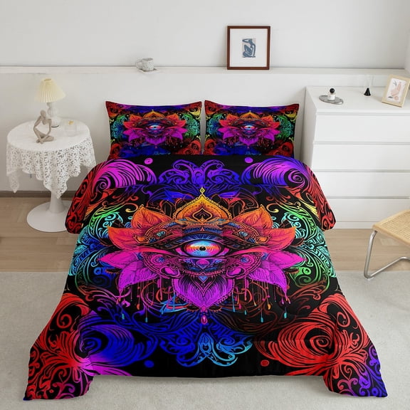 Tribal Lotus Bedding Set King Glowing Mandala Comforter Set, Hippie Bohemian Down Comforter Tribal Pattern Exotic Style Bedding Comforter Sets Fatima Hamsa Oriental Duvet Insert Black 3pcs