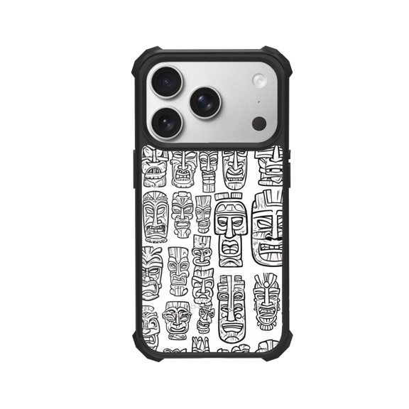Tribal Mask Grid Shockproof Case For iPhone 12 13 14 15 16 Pro Max Series – TPU Bumper + Hard PC Back, Air-Cushion Corners
