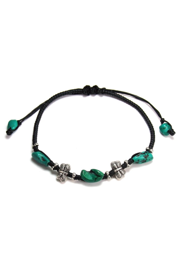 Tribal Mini Butterfly Similated Turquoise Black Cotton Waxed Rope Handmade Bracelet
