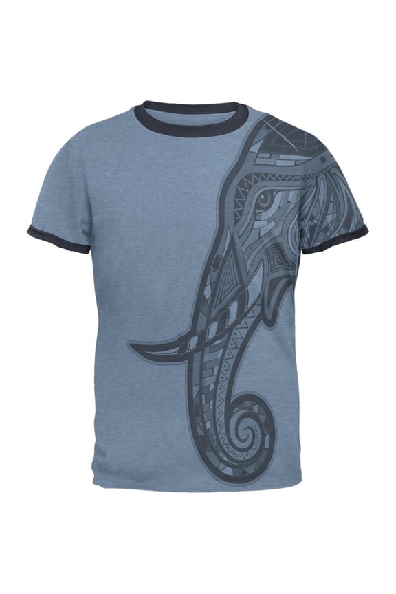 Tribal Mosaic Elephant Mens Ringer T Shirt Heather Blue-Navy SM