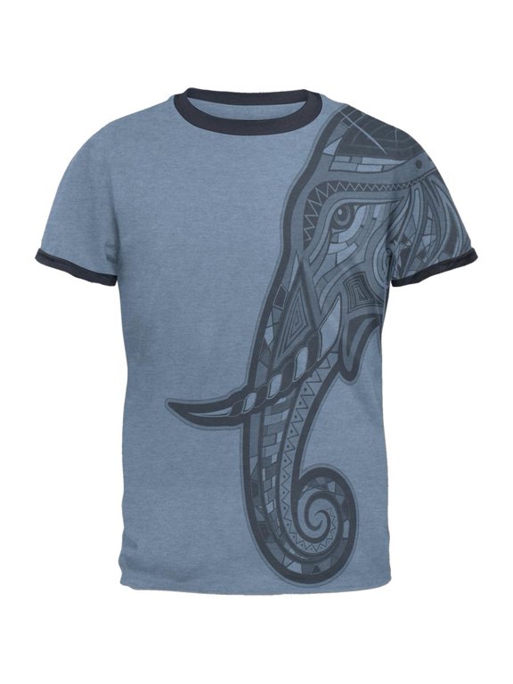 Tribal Mosaic Elephant Mens Ringer T Shirt Heather Blue-Navy SM