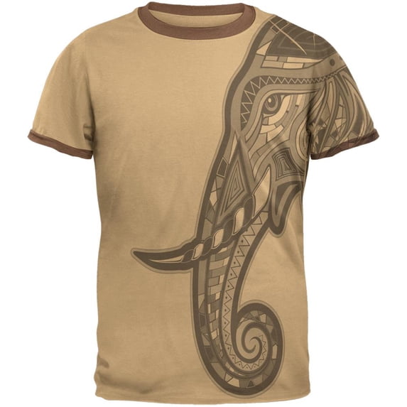Tribal Mosaic Elephant Mens Ringer T Shirt Tan-Brown MD
