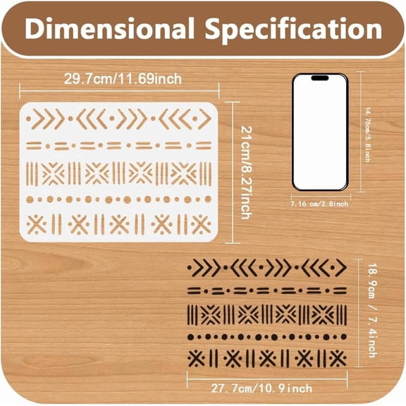 Tribal Mudcloth Wall Stencil Template 11.7 x 8.3 Inch Reusable Plastic Border Stencil for Painting on Wood Wall Floor Fabric Glass Furniture DIY Home Decor or Craft Stencil