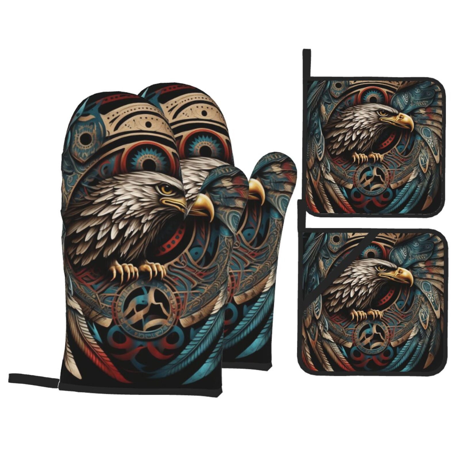 Tribal Native Eagle Symbols Black 4Pcs Oven Mitts and Pot Holders Sets Oven Kitchen Gloves Hot Pads for Cooking BBQ Baking Grilling