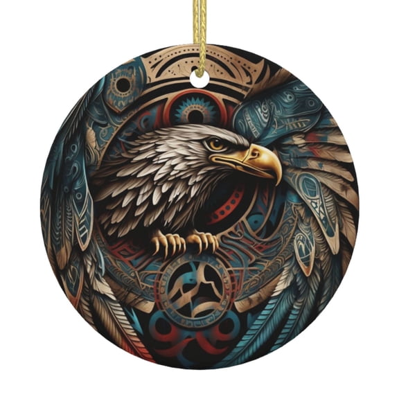 Tribal Native Eagle Symbols Black Ceramic Christmas Ornament, Round Porcelain Xmas Tree Hanging Decoration