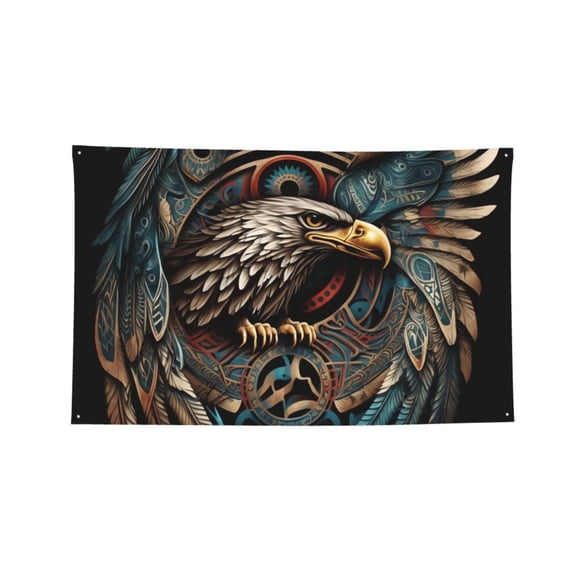 Tribal Native Eagle Symbols Black Four Hole Decorated Banner Flag for Garden Yard Home Decoration Indoor Outdoor 3x5 Ft