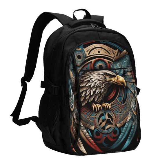 Tribal Native Eagle Symbols Black Laptop Backpack with USB Charging Headphone Port Casual Daypack Bag College Business Travel