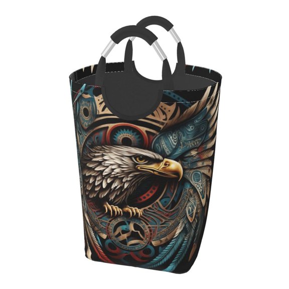Tribal Native Eagle Symbols Black Laundry Bag with Handle - Foldable Dirty Clothes Hamper Collapsible Storage Bin