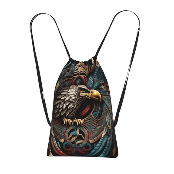 Tribal Native Eagle Symbols Black Packable Drawstring Backpack, Lightweight Foldable Cinch Storage Bag for Gym Travel Shopping