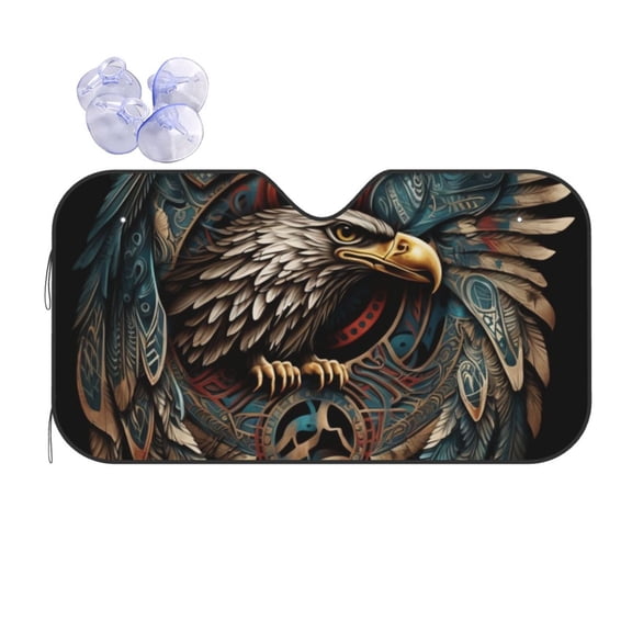 Tribal Native Eagle Symbols Black Reflective Car Windshield Sunshade, UV Ray Reflector Sun Visor Universal Fit for SUVs, Trucks, Sedans,S