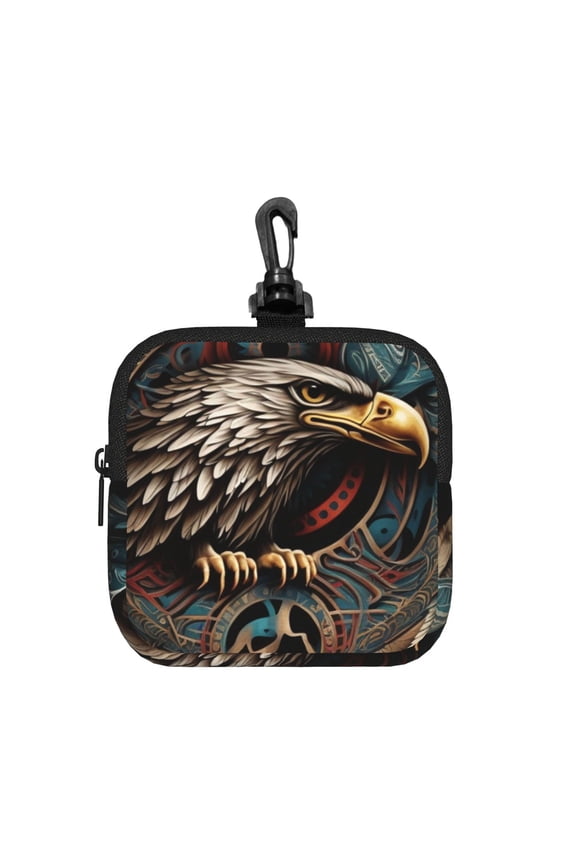 Tribal Native Eagle Symbols Black Square Gear Pouch with Lobster Clasp Waterproof Tech Accessory Organizer, Key & Coin Case