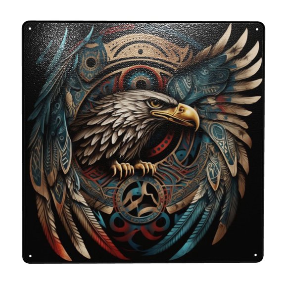 Tribal Native Eagle Symbols Black Square Metal Sign 12x12 Inch Tin Sign Wall Decor Decorative Plaque for Bar, Cafe, Restaurant