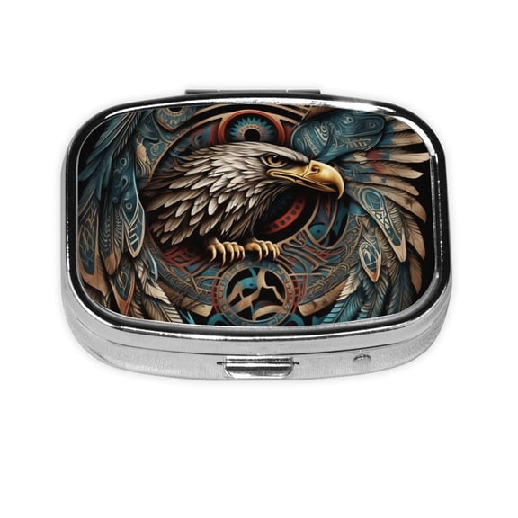 Tribal Native Eagle Symbols Black Square Pill Box 2 Compartment Pill Case Medicine Organizer Decorative Gift for Purse Pocket
