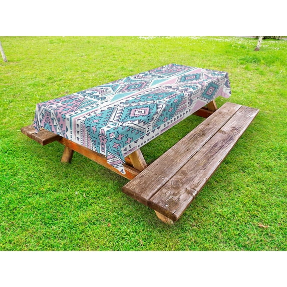 Tribal Outdoor Tablecloth, Geometric Bohemian Ethnic Aztec Design Vintage Stylized Pastel Colors Art, Decorative Washable Fabric Picnic Table Cloth, 58 X 84 Inches,Pale Pink and Teal, by Ambesonne