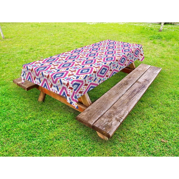 Tribal Outdoor Tablecloth, Hand Drawn Style Seamless Pattern with Ethnic Mayan Stripes Art Image, Decorative Washable Fabric Picnic Table Cloth, 58 X 84 Inches,Fuchsia Indigo Burgundy, by Ambesonne