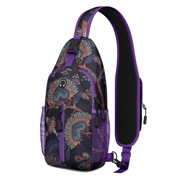 Tribal Paisley Sling Bag – Vintage Bohemian Floral Crossbody Backpack, Lightweight Travel Daypack with Adjustable Strap & Multiple Compartments
