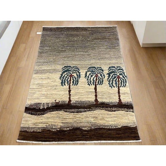Tribal Palm Trees 5X7 Handmade Wool Rug # 12946